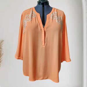 Chico's Orange V-Neck Blouse W/Embroidery Lace Accent Sz XXL/20